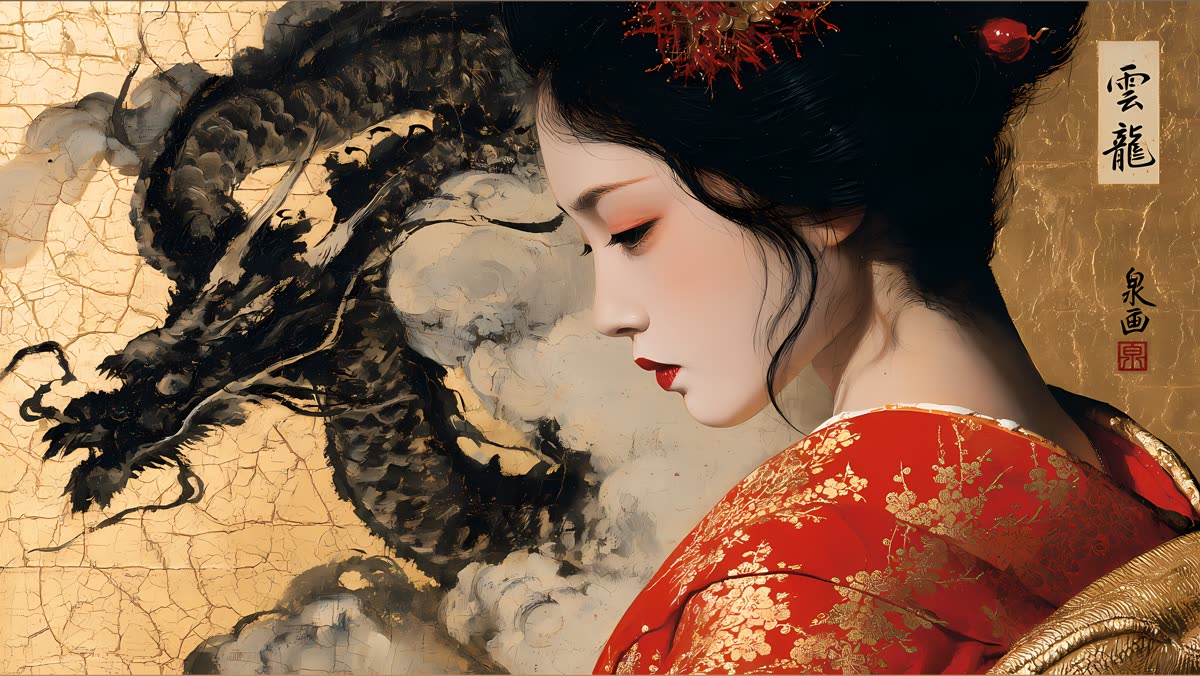 Geisha in red kimono before a gold folding screen with a dragon