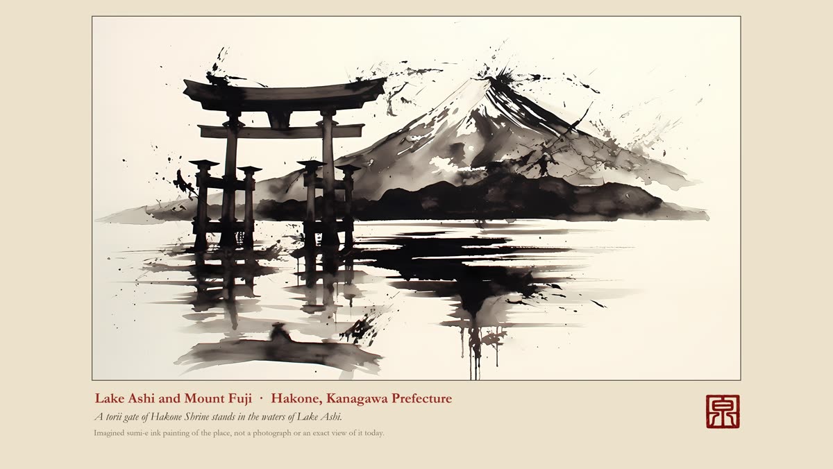 Sumi-e ink painting of Lake Ashi and Mount Fuji