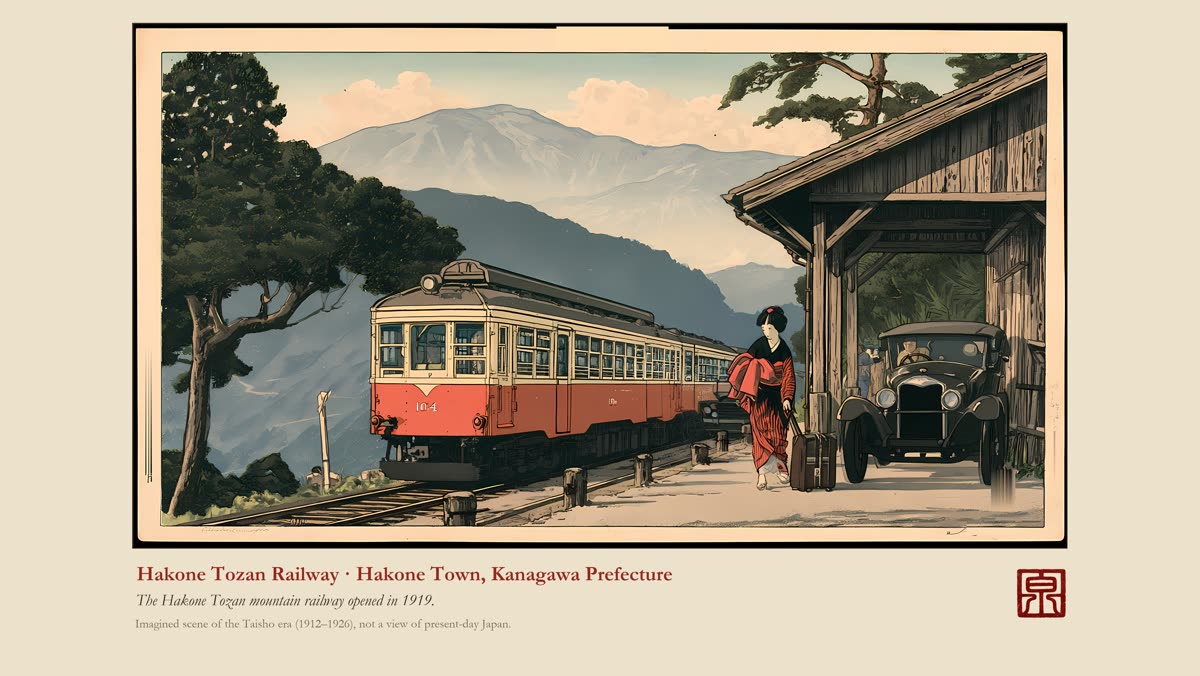 Shin-hanga style Hakone Tozan Railway station in the 1920s