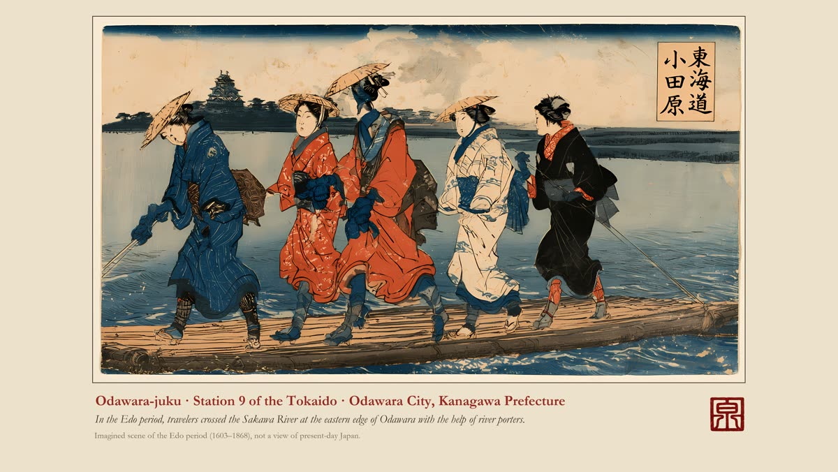 Ukiyo-e style travellers crossing a river at Odawara on the Tokaido