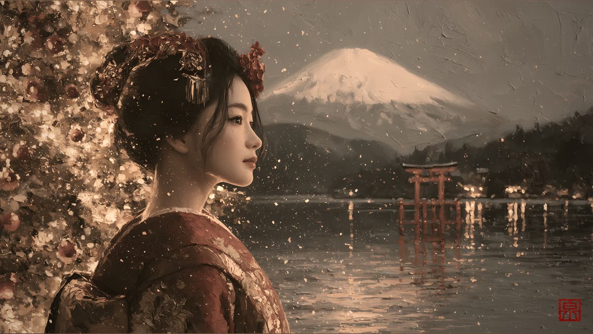 Geisha by a snowy lake with Mount Fuji, vintage tones